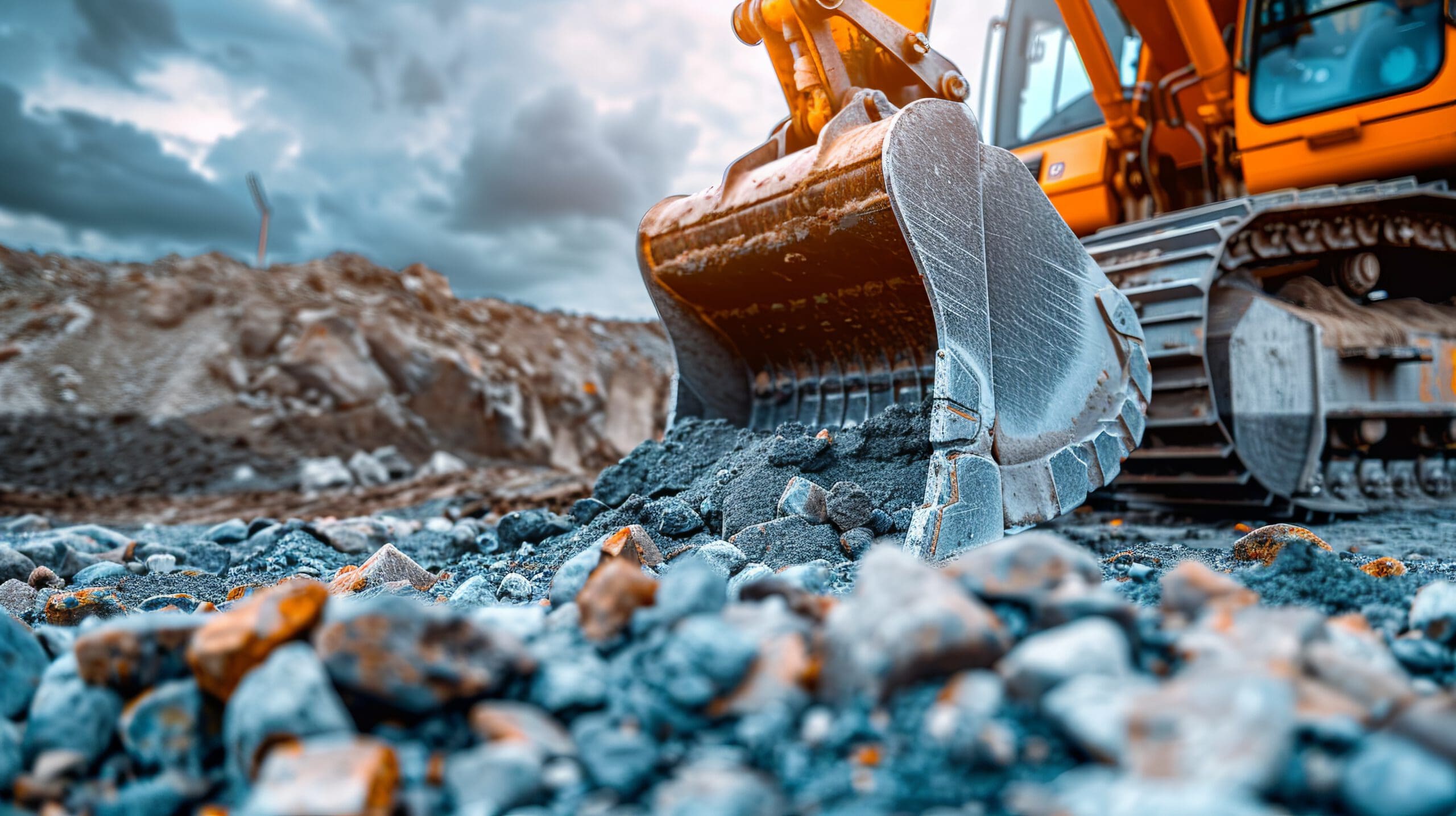 A large orange excavator with a metal bucket scoops up gravel and earth at a construction site. The background shows a cloudy sky and piles of dirt, highlighting the focus on machinery and construction work.